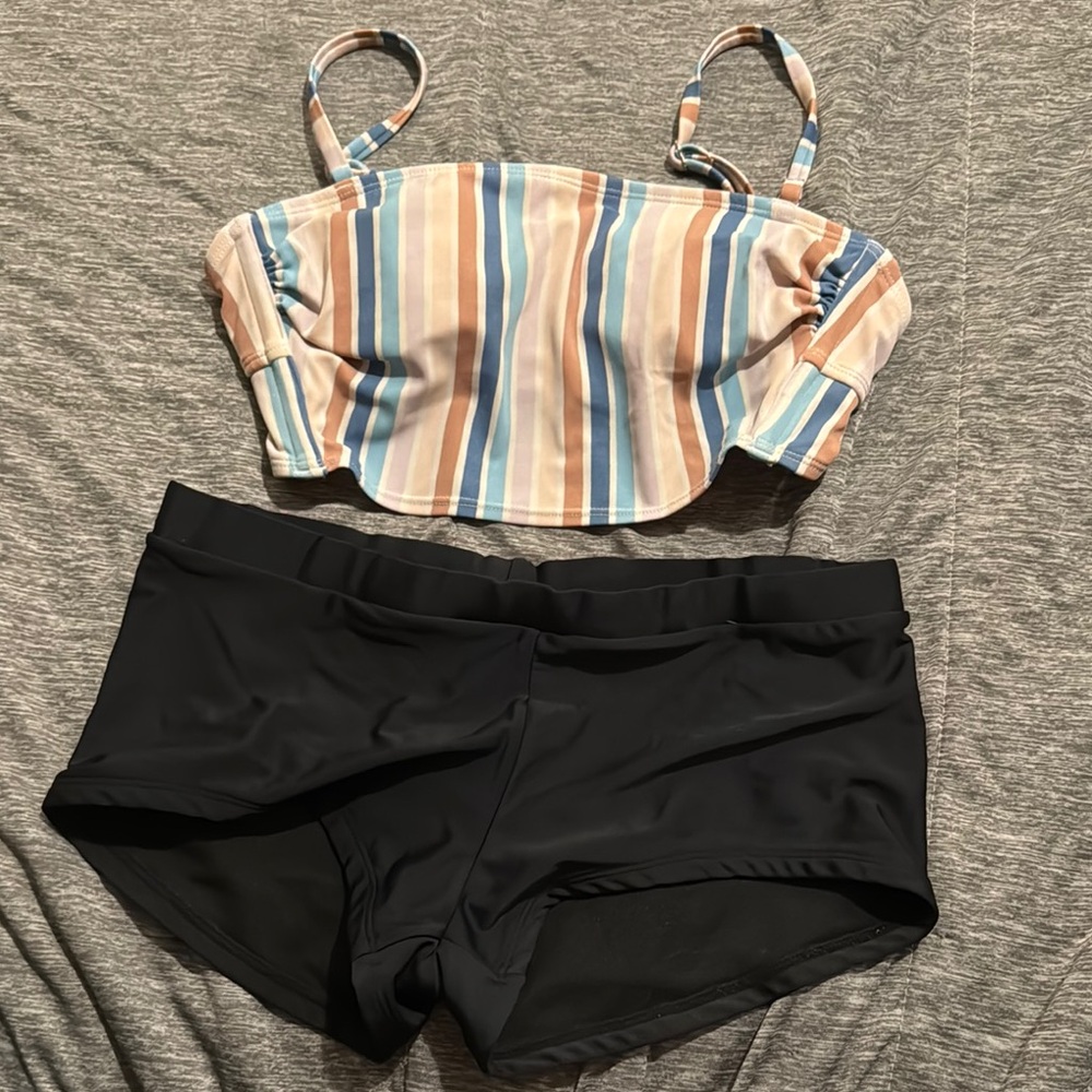 Striped Bikini Top and Black Bottoms